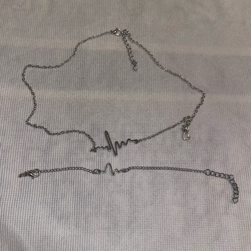 Silver Heartbeat Necklace & Bracelet Matching Set